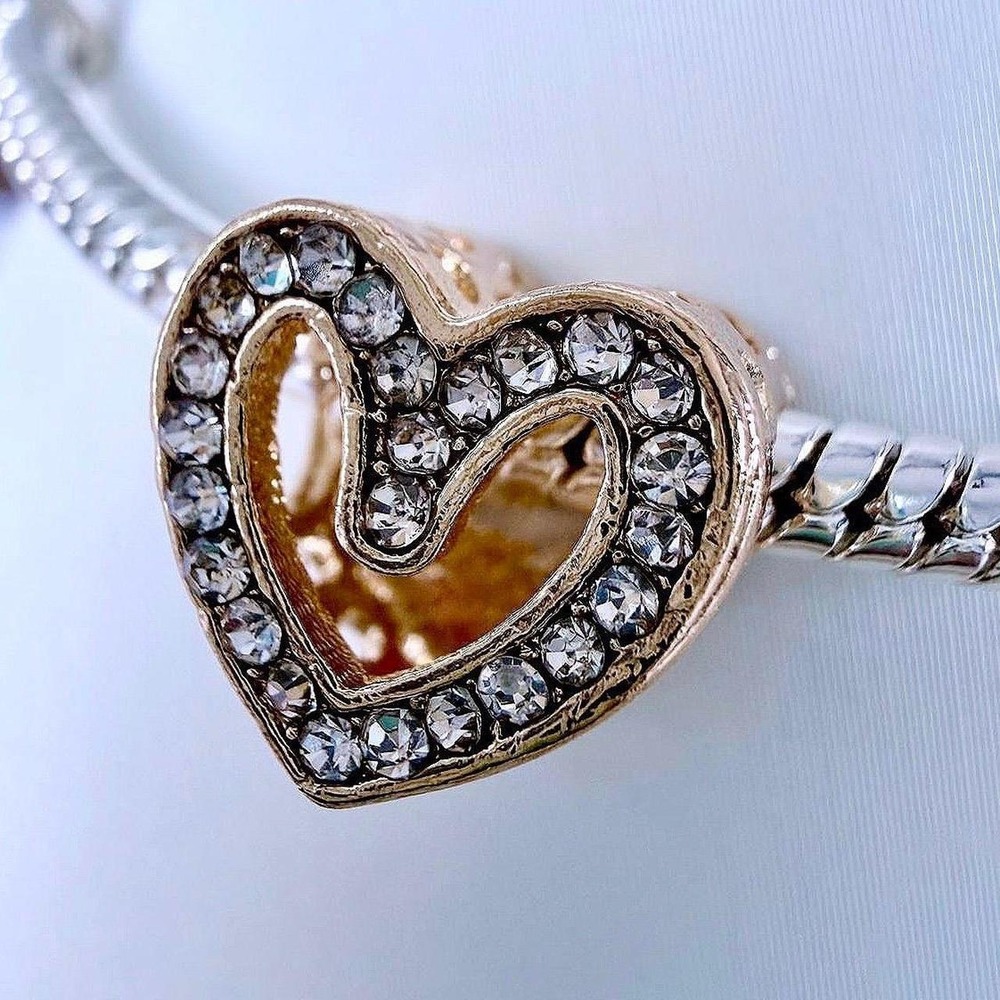 Gold‎ Heart with Rhinestone Bead Charm Fits Snake Chain Bracelet